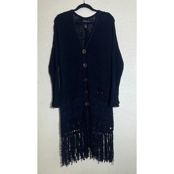 Pure Handknit Black Long Crochet Knit Cardigan Size M/L Buttons Witchy Goth - Picture 1 of 12